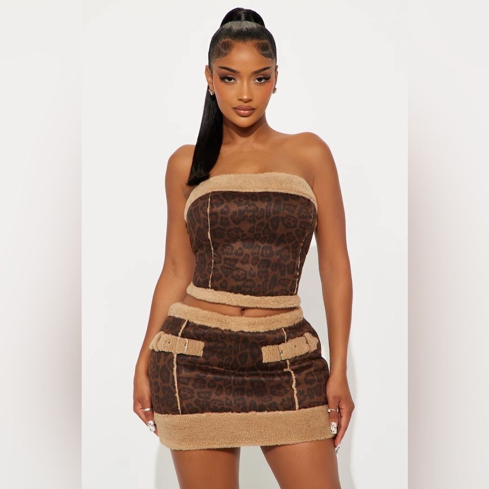 Kaia Faux Suede Leopard Skirt Set - Brown/combo